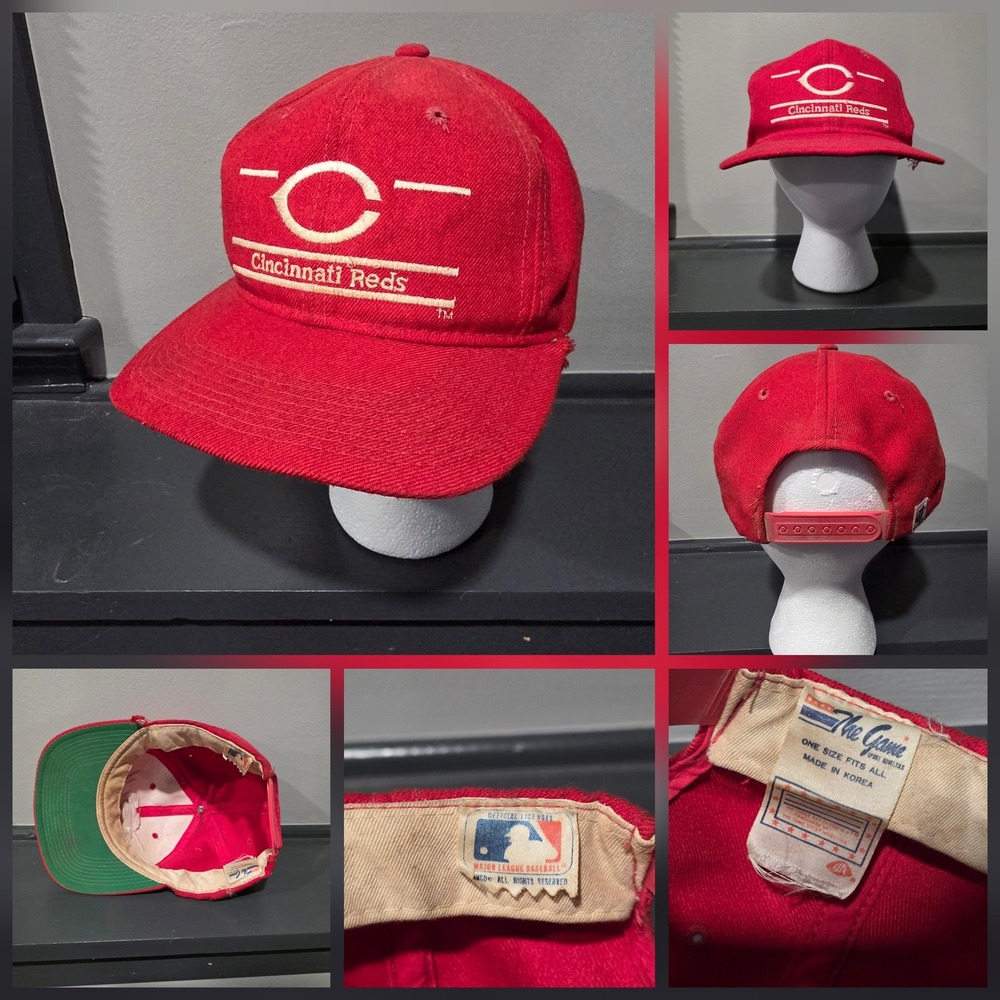 VTG 80s Cincinnati Reds Hat Cap Snapback Split Bar Men Red MLB Baseball The Game